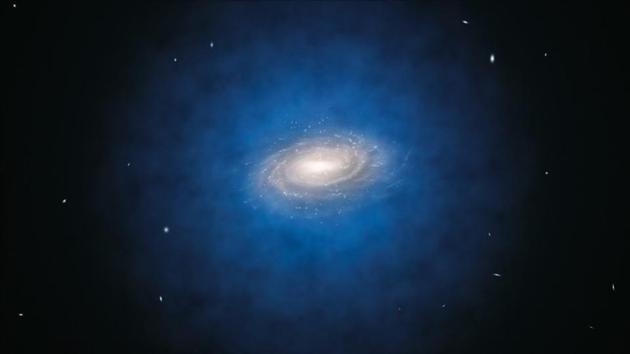 尽管银河系大多数暗物质存在于一个巨大光环之中，但是每个暗物质粒子在引力作用下沿着一个椭圆轨道运行。
