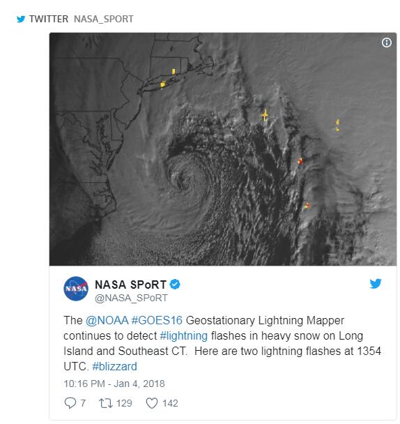 美国国家海洋和大气管理局（NOAA）的GOES-16气象卫星一直在采集美国全境的闪电信息