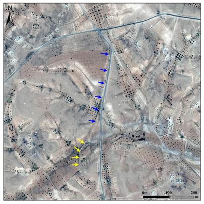 Site 9-灌溉系统遗址，蓝色引水坝，红色为拦水坝