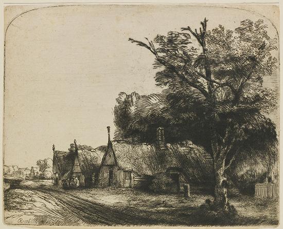 ▲三幢茅屋的风景画——伦勃朗（哈尔曼松?凡?莱因）（莱顿，1606年-阿姆斯特丹，1669年）